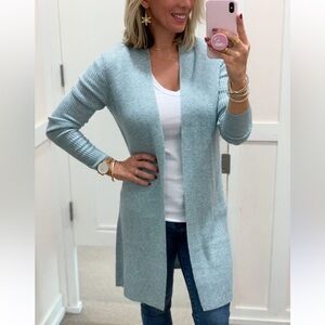 New Ann Taylor LOFT super Soft Blue Long open front ribbed Knit Cardigan